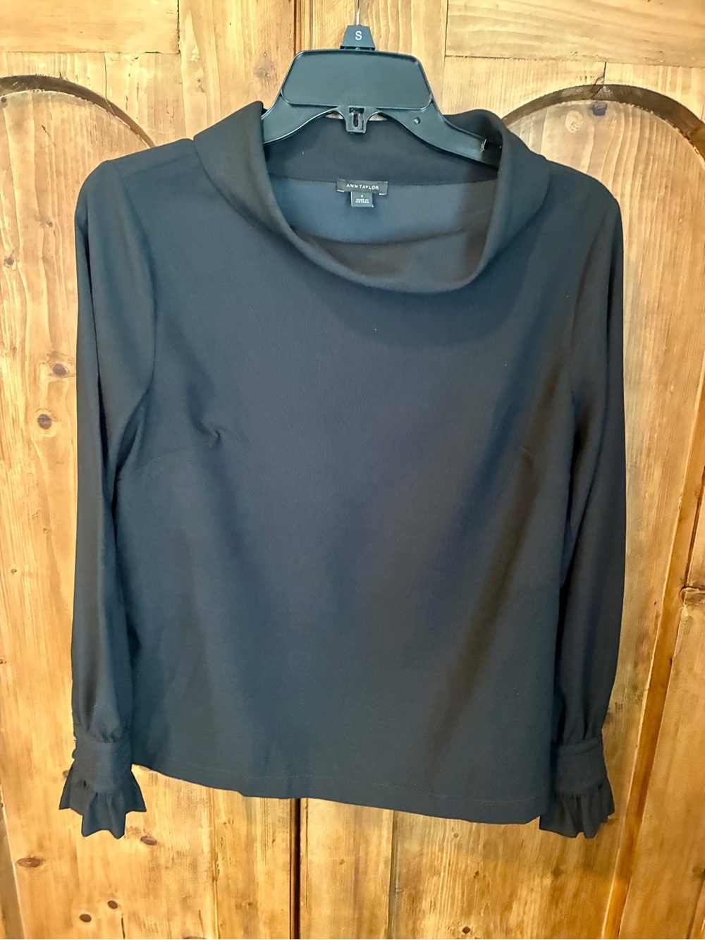 Ann Taylor Black Long-Sleeve Cowl Neck Blouse with Ruffled Cuffs